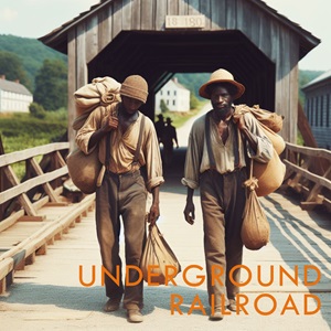 Two African American men in tattered clothing and carrying packs emerge from a covered bridge in 1848.